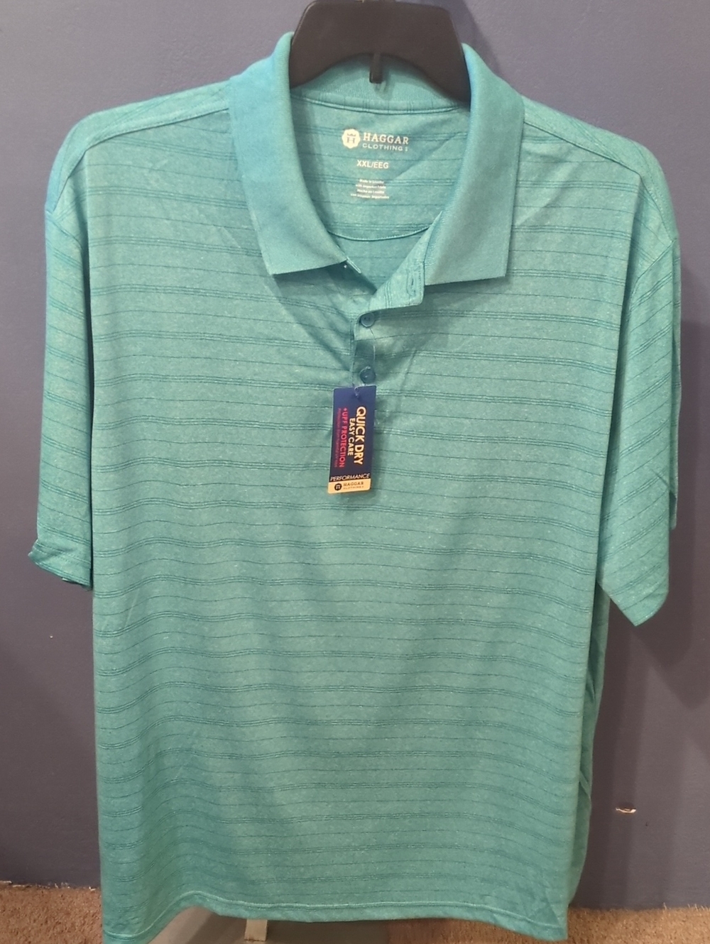 Haggar XXL Men's Light Teal Striped Quick Dry UPF Performance Polo New